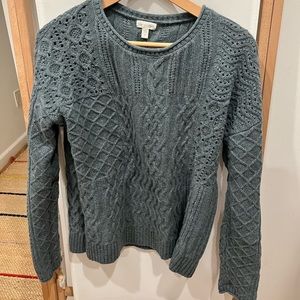 Garnet Hill Blue/Green Cable Knit Merino Wool Sweater